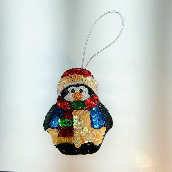 Penguin Sequin Beaded Ornament Trinket Box Blue Satin W Gift Pouch Handmade - Picture 3 of 13